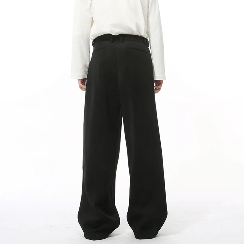 Korean Style Men's Casual Pants Woolen Solid Color Pleated Trousers Straight Wide Leg Loose Male Bottom New Winter 9C9212