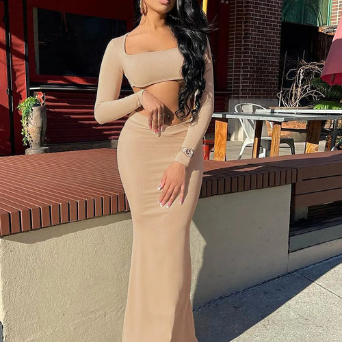 Load image into Gallery viewer, Elegant 2 Pcs Sets Solid Square Collar Long Sleeve Sexy Crop Top Maxi Skirt Fall Women New Y2K Clothes Party Vacation
