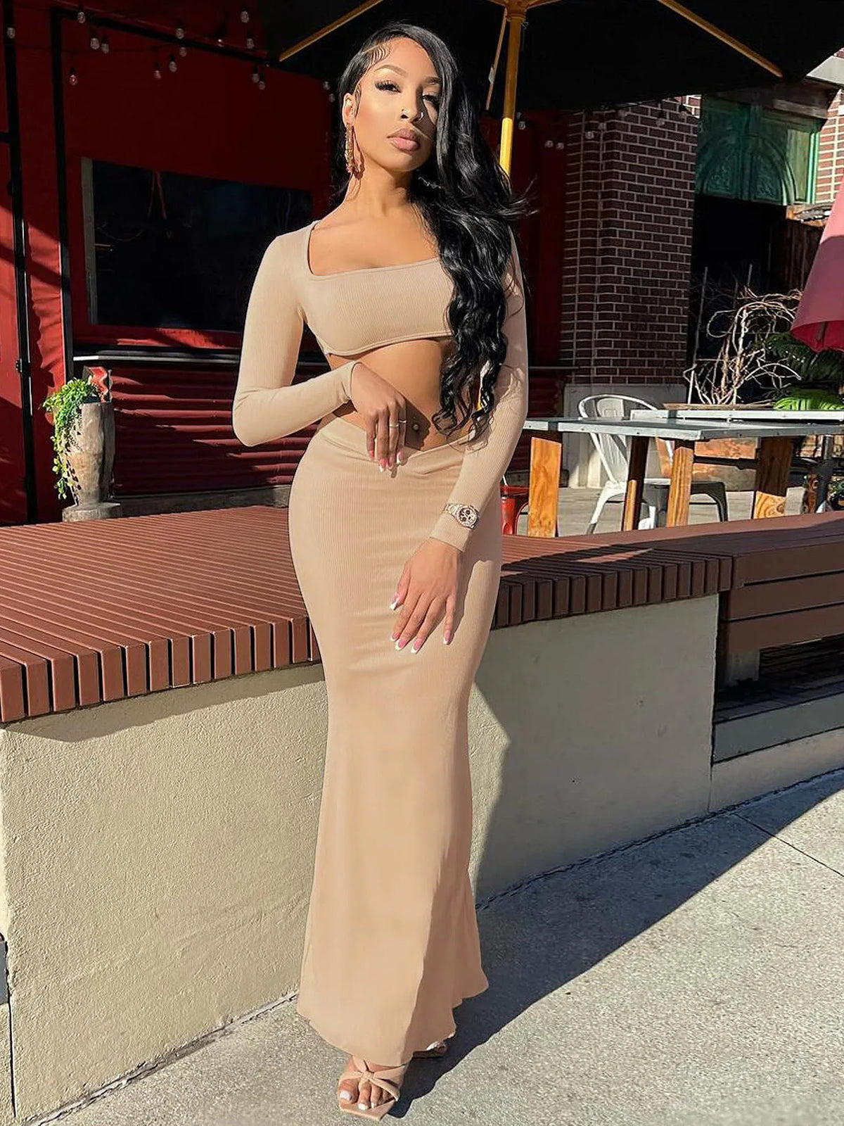 Elegant 2 Pcs Sets Solid Square Collar Long Sleeve Sexy Crop Top Maxi Skirt Fall Women New Y2K Clothes Party Vacation