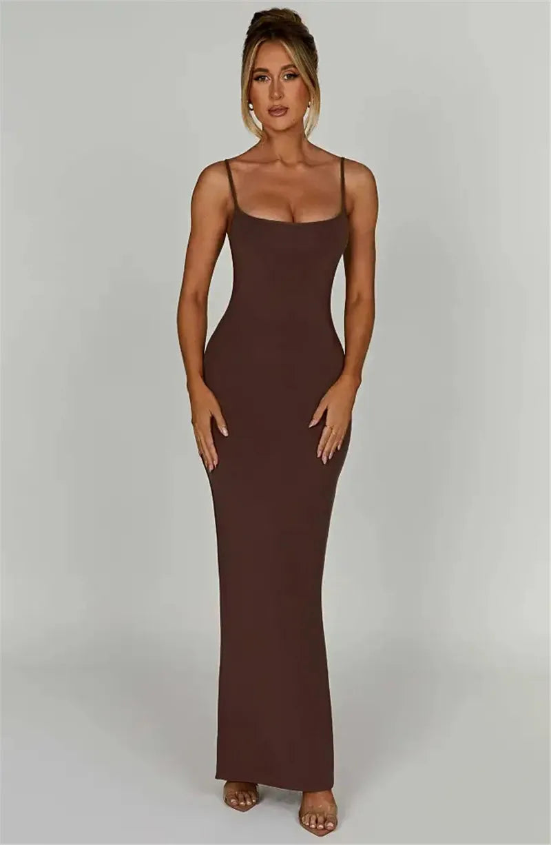 Spaghetti Strap Backless Bodycon Maxi Dress Women Autumn New Thickened Fabric Sleeveless Club Party Sexy Long Dress