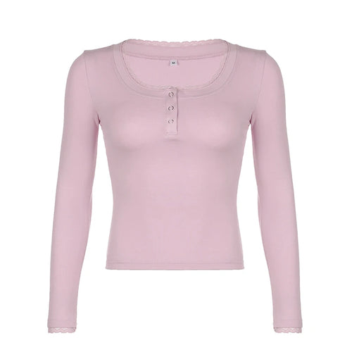 Load image into Gallery viewer, Sweet Pink Knit Lace Trim Long Sleeve Autumn Tee Shirt Women Buttons Korean Skinny T-shirt Coquette Clothes Top Chic
