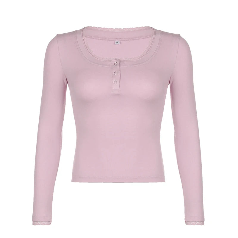Sweet Pink Knit Lace Trim Long Sleeve Autumn Tee Shirt Women Buttons Korean Skinny T-shirt Coquette Clothes Top Chic