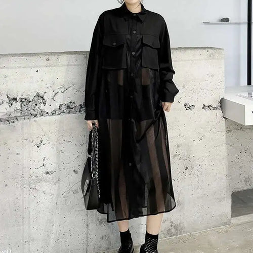 Load image into Gallery viewer, Women Army Green Mesh Color-block Big Size Long Shirt Dress New Lapel Long Sleeve Fashion Tide Spring Autumn 2025 1DH6066
