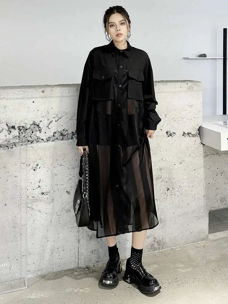 Women Army Green Mesh Color-block Big Size Long Shirt Dress New Lapel Long Sleeve Fashion Tide Spring Autumn 2025 1DH6066
