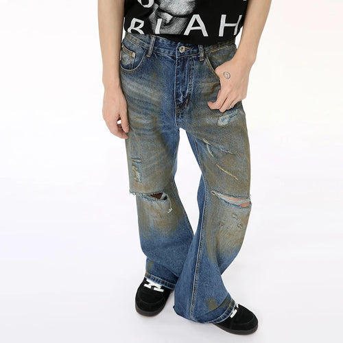 Load image into Gallery viewer, High Street Male Hole Denim Pants New Worn-out Contrast Color Boot Cut Slimming Loose Men‘s Jeans Summer Trendy 9C6680
