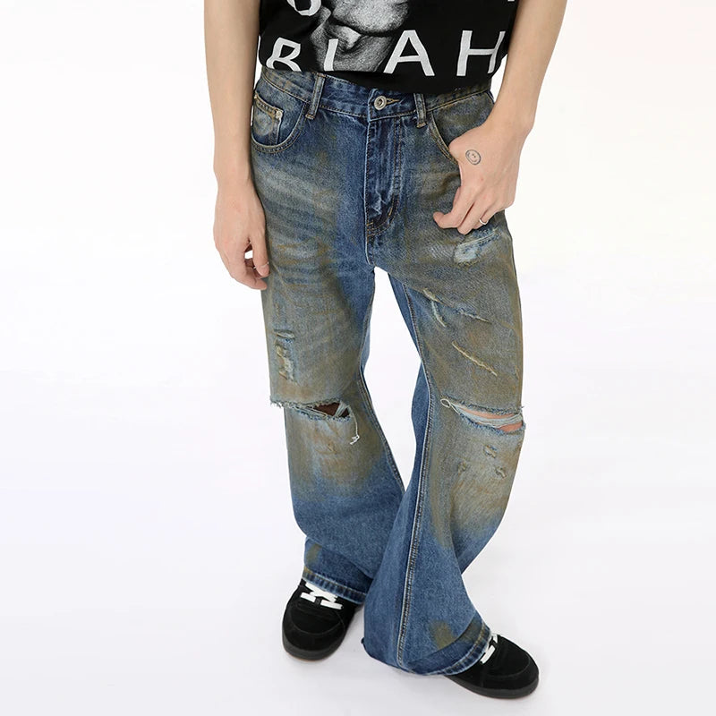 High Street Male Hole Denim Pants New Worn-out Contrast Color Boot Cut Slimming Loose Men‘s Jeans Summer Trendy 9C6680