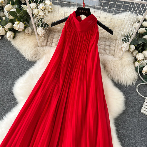 Load image into Gallery viewer, Red Loose Halter Bandage Long Dresses French Elegant Women's Summer Vacation Dress Off Shoulder Sleeveless Pleated Sundress Chic
