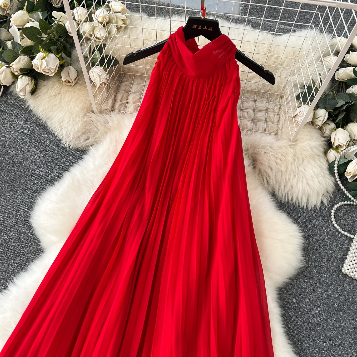 Red Loose Halter Bandage Long Dresses French Elegant Women's Summer Vacation Dress Off Shoulder Sleeveless Pleated Sundress Chic