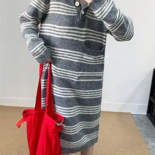 Load image into Gallery viewer, Autumn Winter Striped Hooded Long Sleeved Sweater Long Dresses Korean Fashion Women's Single Breasted Knitted Loose Dress Casual

