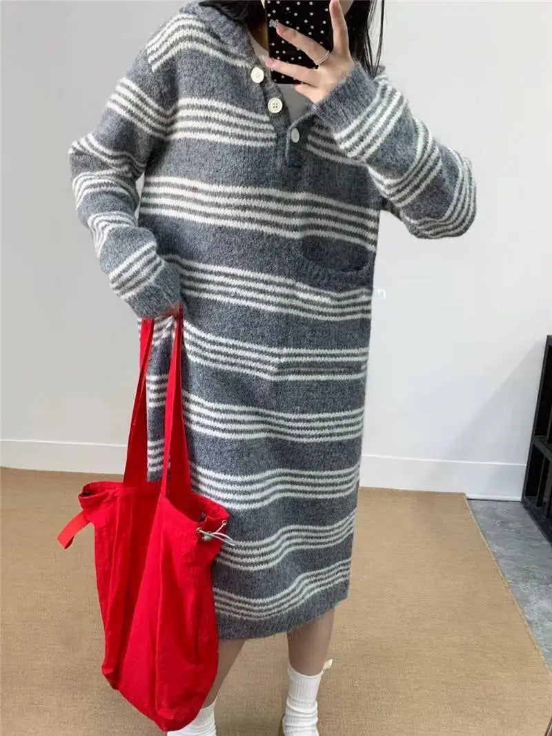 Autumn Winter Striped Hooded Long Sleeved Sweater Long Dresses Korean Fashion Women's Single Breasted Knitted Loose Dress Casual