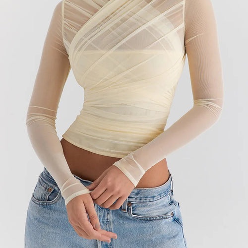 Load image into Gallery viewer, Sheer Mesh Long Sleeve Sexy T-shirt Women 2023 Autumn New V Neck Zipper Layered Skinny Club Party Sexy Tops
