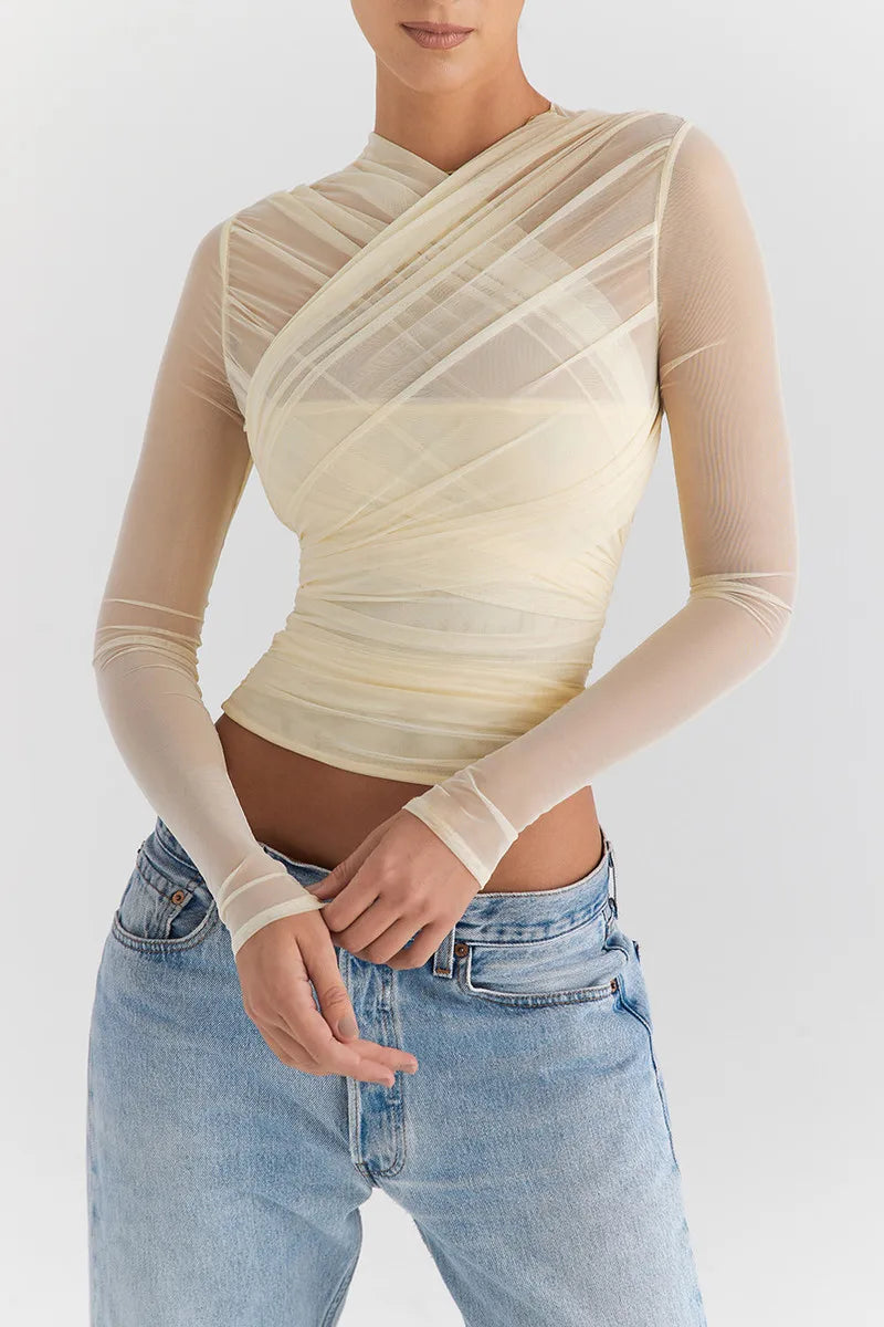 Sheer Mesh Long Sleeve Sexy T-shirt Women 2023 Autumn New V Neck Zipper Layered Skinny Club Party Sexy Tops