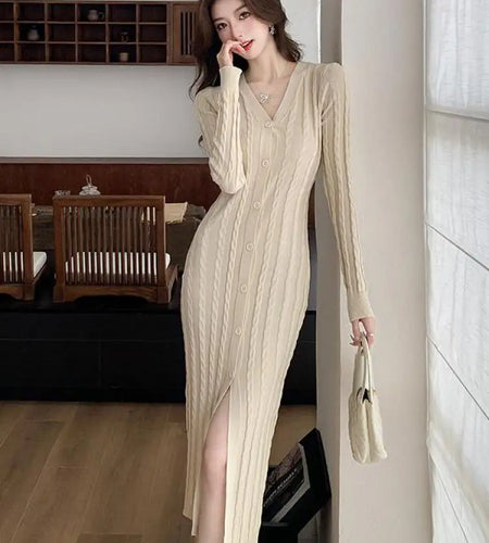 Autumn Winter French Black Long Sleeves Festival Knitted Dress Women's Elegant V Neck Single Breasted Wrap Hip Split Dress Trend