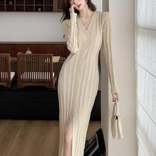 Load image into Gallery viewer, Autumn Winter French Black Long Sleeves Festival Knitted Dress Women's Elegant V Neck Single Breasted Wrap Hip Split Dress Trend
