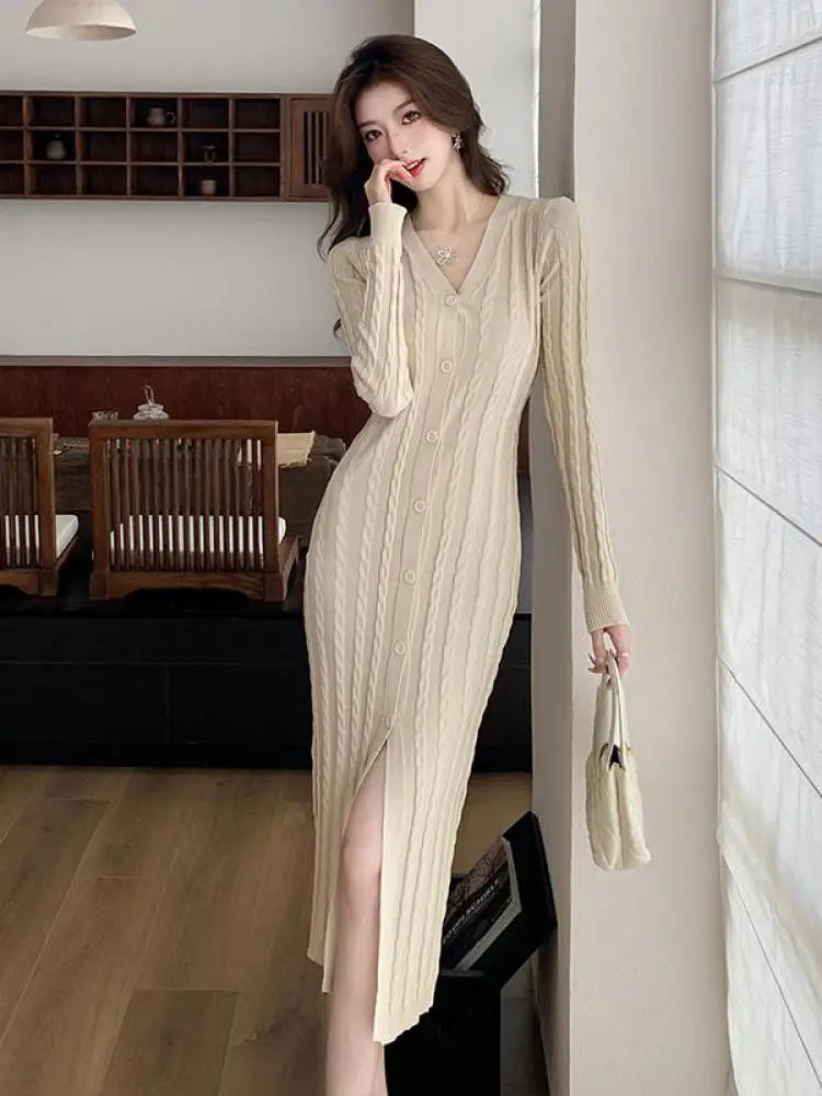 Autumn Winter French Black Long Sleeves Festival Knitted Dress Women's Elegant V Neck Single Breasted Wrap Hip Split Dress Trend