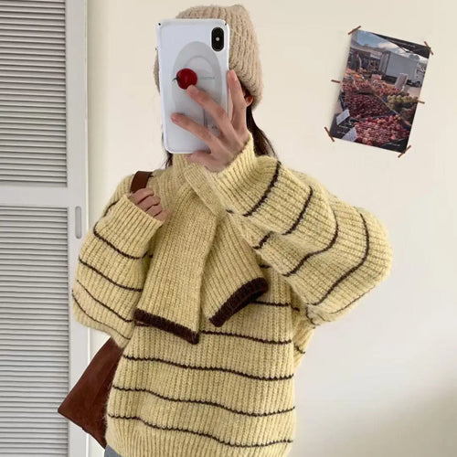 Load image into Gallery viewer, Korean Vintage Striped Long Sleeve Versatile Sweater Autumn Winter Women Short Loose Pullover Knit Tops And Scarf Casual Popular

