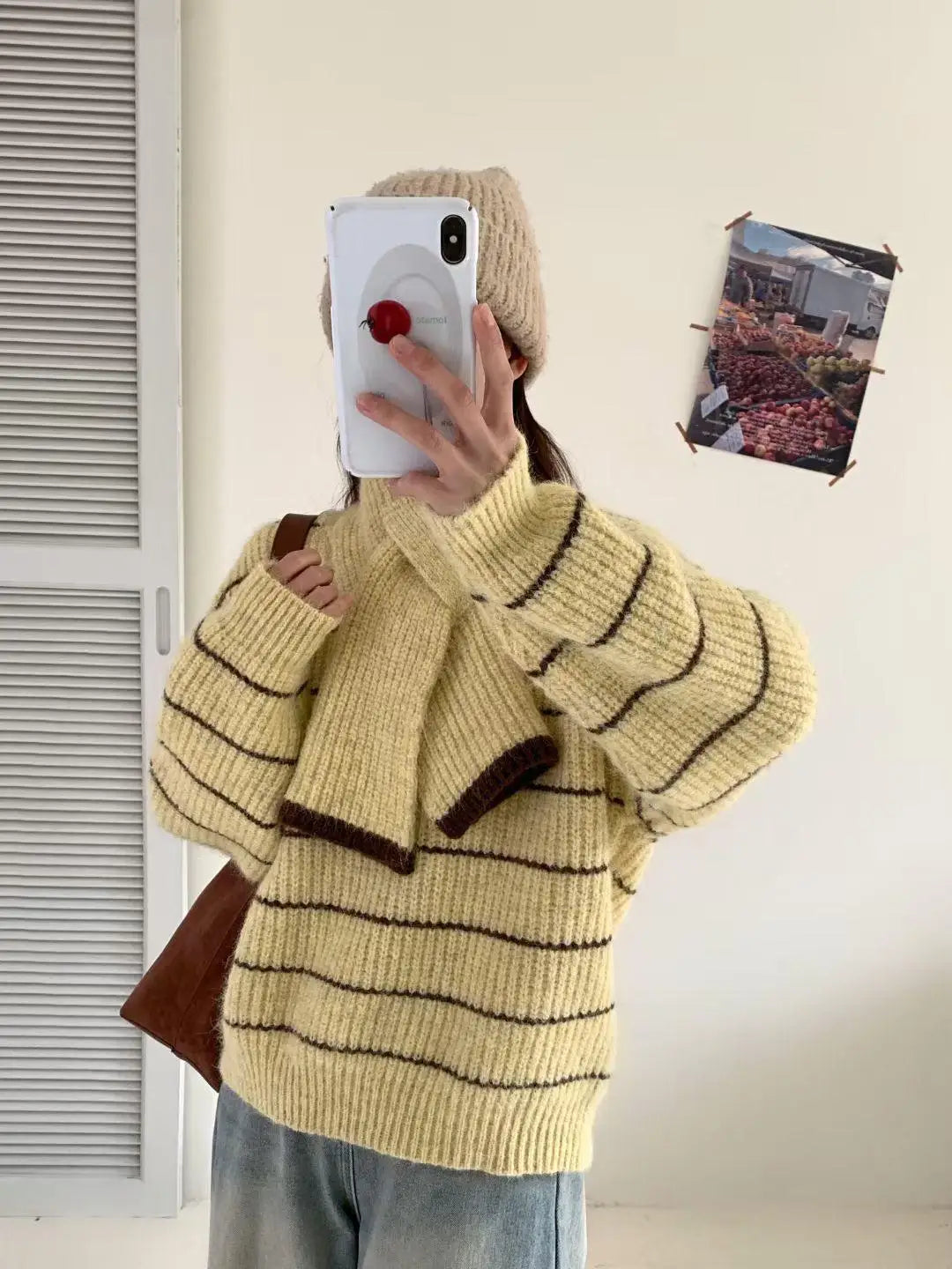 Korean Vintage Striped Long Sleeve Versatile Sweater Autumn Winter Women Short Loose Pullover Knit Tops And Scarf Casual Popular