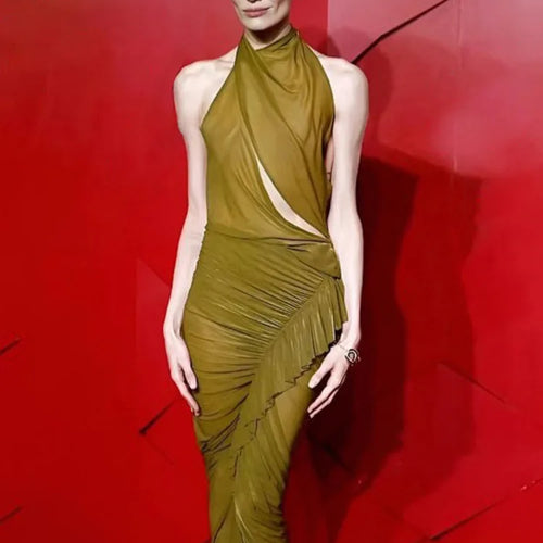 Load image into Gallery viewer, Mesh Ruffled Ruched Sexy Maxi Dress For Women Gown Fashion Solid Sleeveless Backless Bodycon Club Long Dress Vestido
