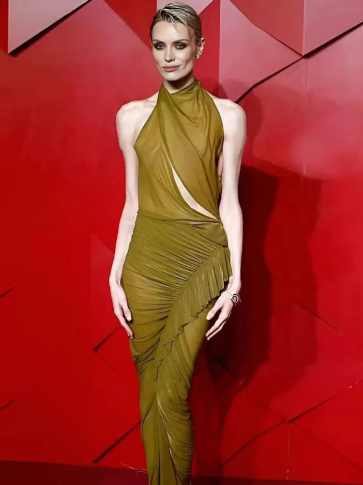 Mesh Ruffled Ruched Sexy Maxi Dress For Women Gown Fashion Solid Sleeveless Backless Bodycon Club Long Dress Vestido