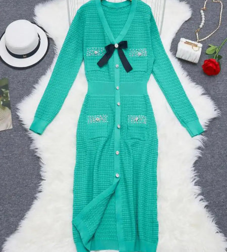 Korean Women Black White Elegant Diamond Bow Knit Dress Autumn Green Slim V Neck Office Long Sleeved High Waist Split Dress Chic