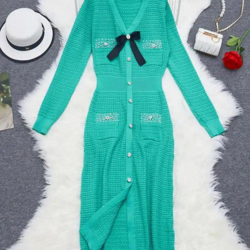 Load image into Gallery viewer, Korean Women Black White Elegant Diamond Bow Knit Dress Autumn Green Slim V Neck Office Long Sleeved High Waist Split Dress Chic
