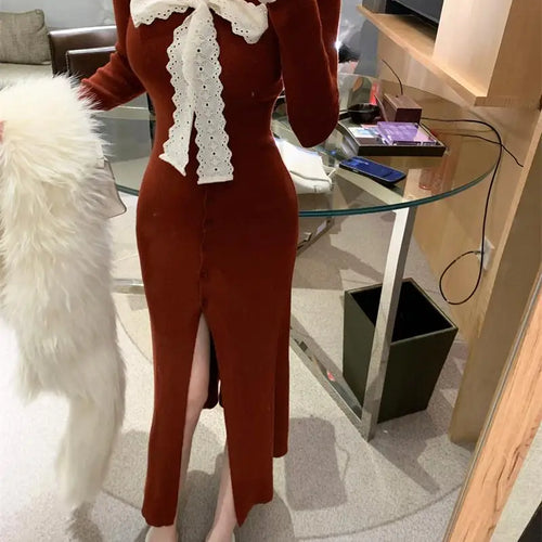 Load image into Gallery viewer, Korean 2024 New Women's Patchwork Lace Bow Bandage Dress Autumn Winter Single Breasted Office Lady Slim Split Knitted Dress Chic
