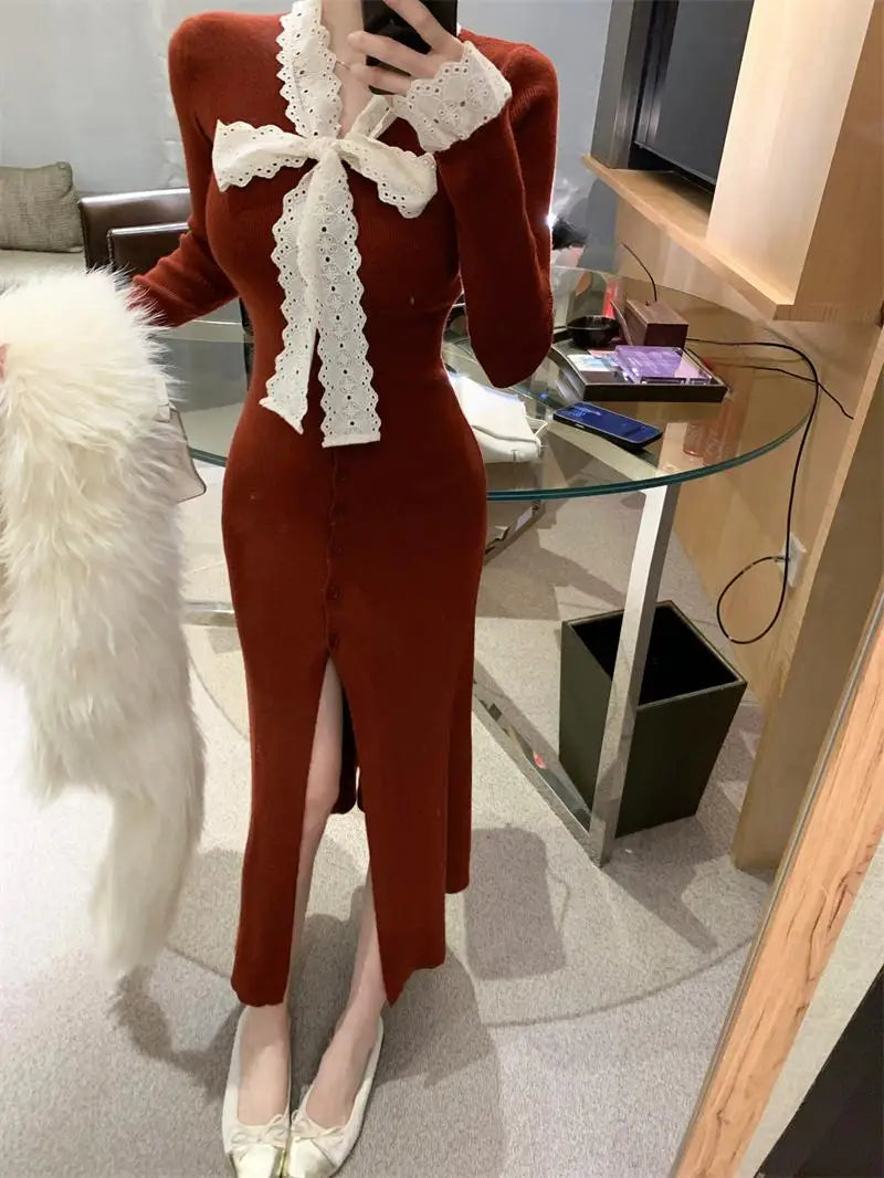 Korean 2024 New Women's Patchwork Lace Bow Bandage Dress Autumn Winter Single Breasted Office Lady Slim Split Knitted Dress Chic