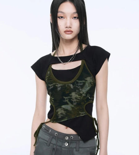 Fake Two Piece Halter Bandage Vest Women Summer Korean Fashion Crop Top Y2k Aesthetic Solid Tee Shirt Femme Hollow Out Camisetas