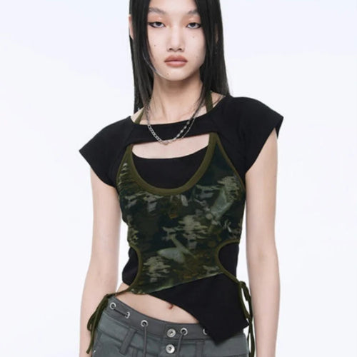 Load image into Gallery viewer, Fake Two Piece Halter Bandage Vest Women Summer Korean Fashion Crop Top Y2k Aesthetic Solid Tee Shirt Femme Hollow Out Camisetas
