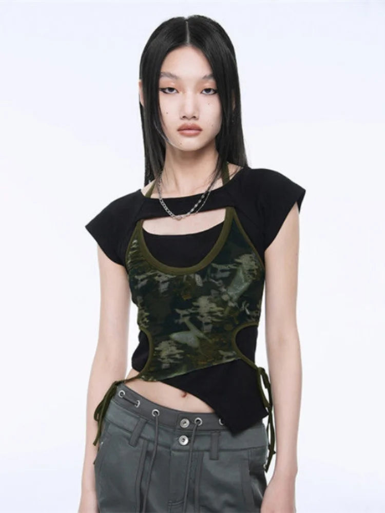Fake Two Piece Halter Bandage Vest Women Summer Korean Fashion Crop Top Y2k Aesthetic Solid Tee Shirt Femme Hollow Out Camisetas