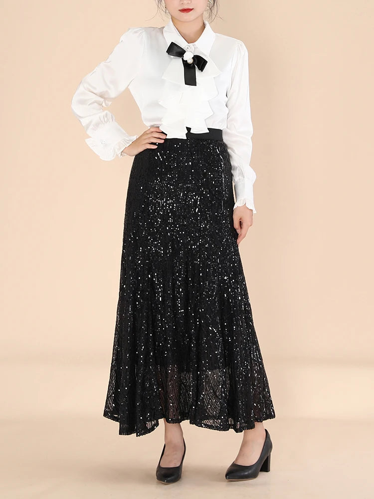 Elegant Spliced Sequins Skirts For Women High Waist Patchwork Folds Temperament Slimming Skirt Female Fashion Style