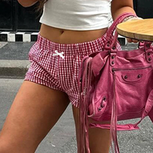 Load image into Gallery viewer, Casual Cotton Red Plaid Shorts Women Bow Korean Fashion Y2K Short Pants Cutecore Homewear Bottoms Checkered Clothing
