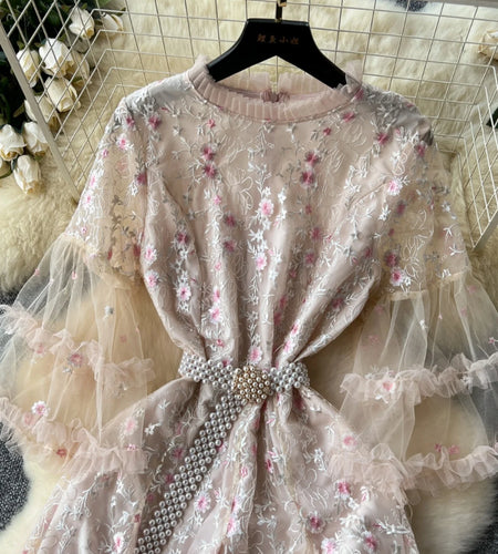 French Vintage Ladies Fashion Round Neck Pink Embroidery Floral Lace Long Dress Autumn Slim Evening Party Ruffles Princess Dress
