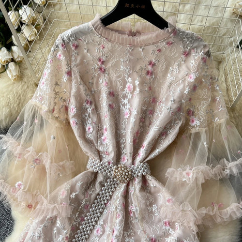 Load image into Gallery viewer, French Vintage Ladies Fashion Round Neck Pink Embroidery Floral Lace Long Dress Autumn Slim Evening Party Ruffles Princess Dress
