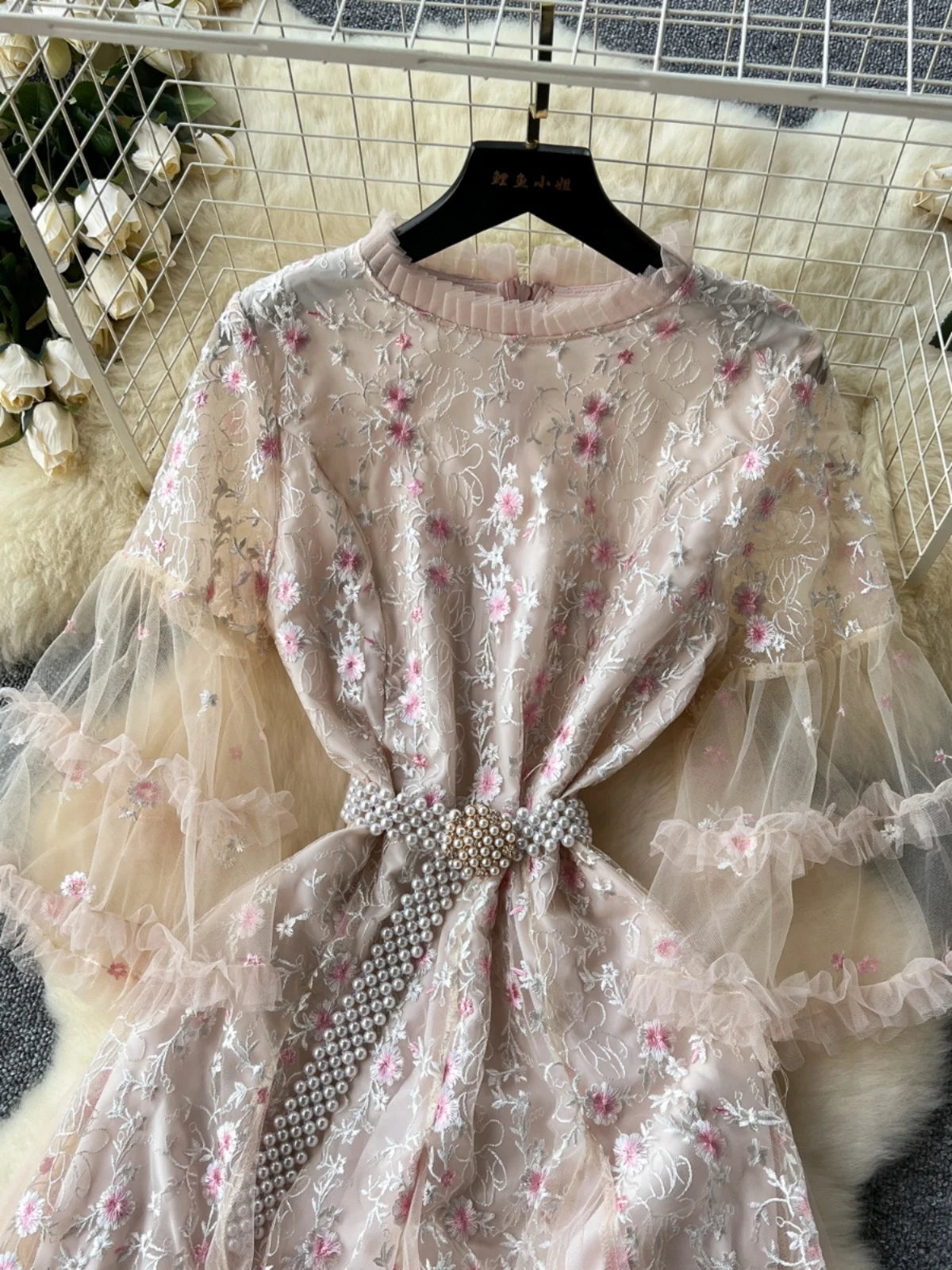 French Vintage Ladies Fashion Round Neck Pink Embroidery Floral Lace Long Dress Autumn Slim Evening Party Ruffles Princess Dress