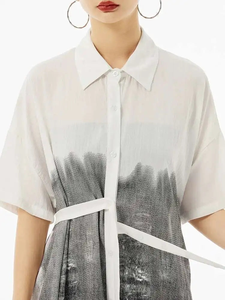 Women Green Pattern Printed Belted Big Size Shirt Dress New Lapel Short Sleeve Fashion Tide Spring Summer 2025  1DH5759