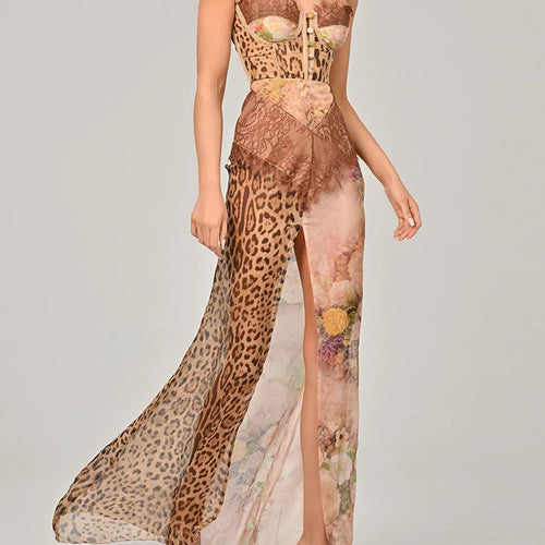 Leopard Lace Patchwork Long Dress For Women Elegant Spaghetti Strap High Split Slim Dresses Sexy Summer Beachwear Vestido