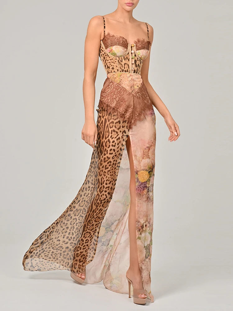 Leopard Lace Patchwork Long Dress For Women Elegant Spaghetti Strap High Split Slim Dresses Sexy Summer Beachwear Vestido
