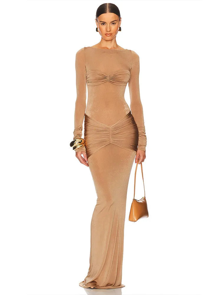 Elegant Long Sleeved High Stretch Tight Dress Women Fashion Solid Color Slim Party Club Evening Dress Winter New 2025