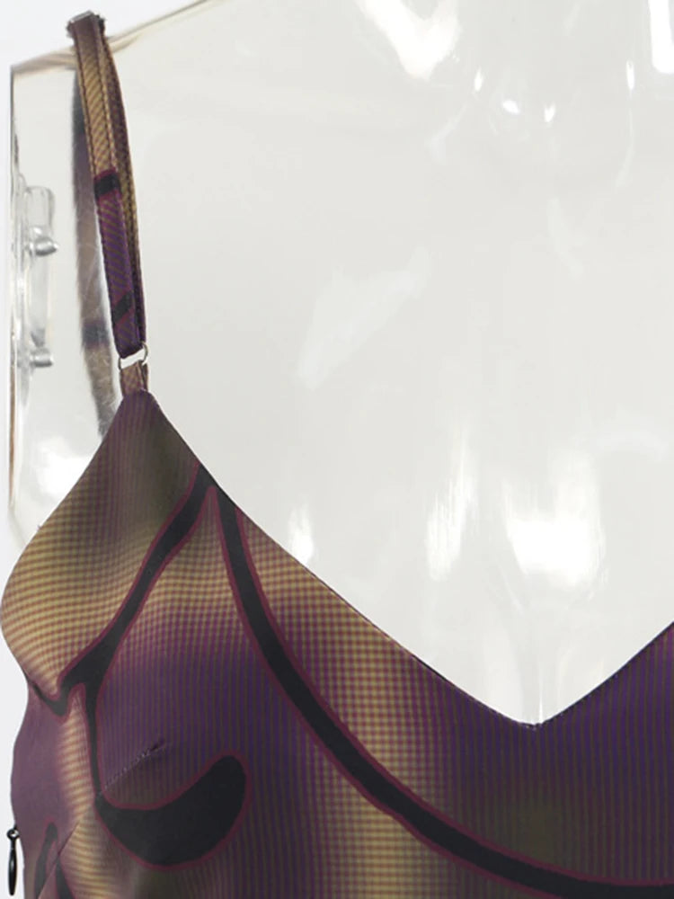Women Purple Print Irregular Elegant Spaghetti Strap Dress New V-Neck Sleeveless Fashion Tide Spring Autumn 2025 1DJ0346