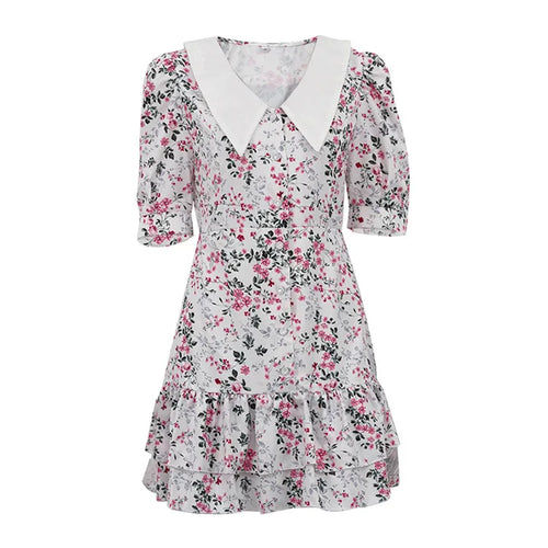 Load image into Gallery viewer, Short Sleeve Floral Mini Dress For Women Robe Turn-down Collar Elegant French Dress Ladies Fashion High Waist Dresses

