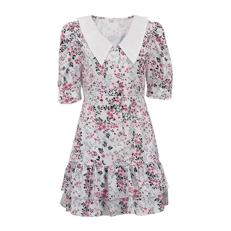 Short Sleeve Floral Mini Dress For Women Robe Turn-down Collar Elegant French Dress Ladies Fashion High Waist Dresses