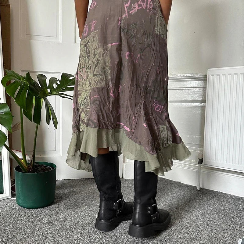 Fairycore Print Asymmetrical Midi Skirt Loose Grunge Y2K Vintage Clothes Patched Streetwear Women's Skirt Aesthetic