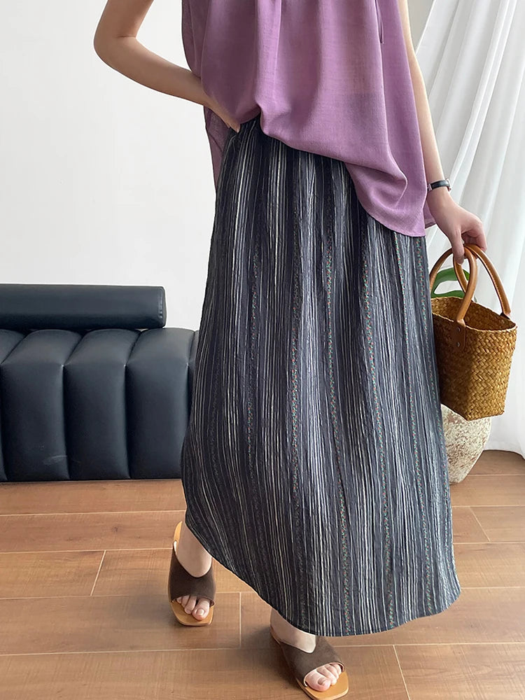 High Elastic Waist Black Striped Back Slit Elegant Half-body Skirt Women Fashion Tide New Spring Autumn 2025 1DJ1264