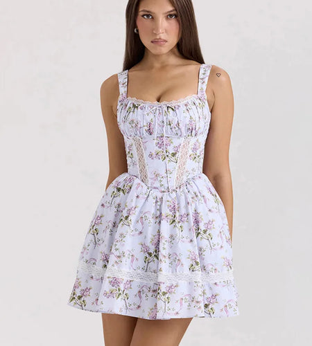 Floral Print Backless Sexy Mini Dress Women Robe Summer Fashion Square Collar Sleeveless High Waist A-line Club Dress