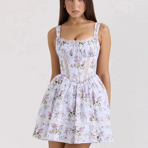 Load image into Gallery viewer, Floral Print Backless Sexy Mini Dress Women Robe Summer Fashion Square Collar Sleeveless High Waist A-line Club Dress
