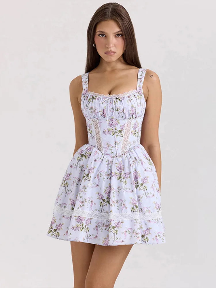 Floral Print Backless Sexy Mini Dress Women Robe Summer Fashion Square Collar Sleeveless High Waist A-line Club Dress