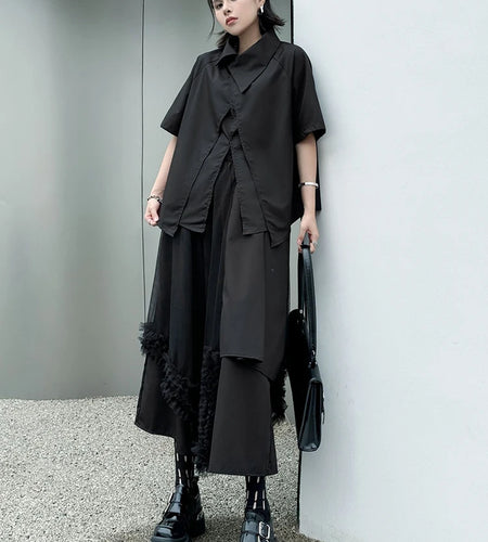 Big Size Black Irregular Shirt Mesh Pants Two Piece Suit New Lapel Short Sleeve Women Fashion Spring Summer 2025 1DJ1371