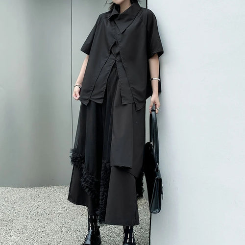 Load image into Gallery viewer, Big Size Black Irregular Shirt Mesh Pants Two Piece Suit New Lapel Short Sleeve Women Fashion Spring Summer 2025 1DJ1371
