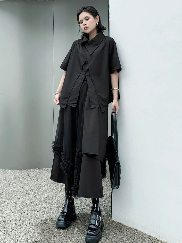 Big Size Black Irregular Shirt Mesh Pants Two Piece Suit New Lapel Short Sleeve Women Fashion Spring Summer 2025 1DJ1371